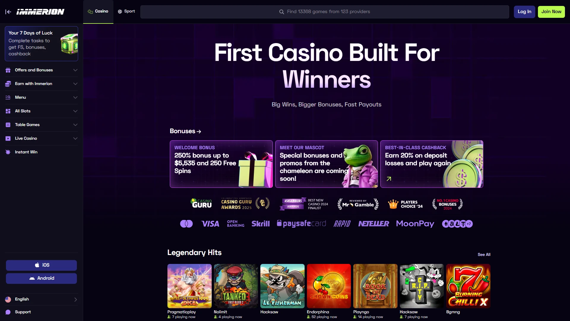 Immerion slots and live games